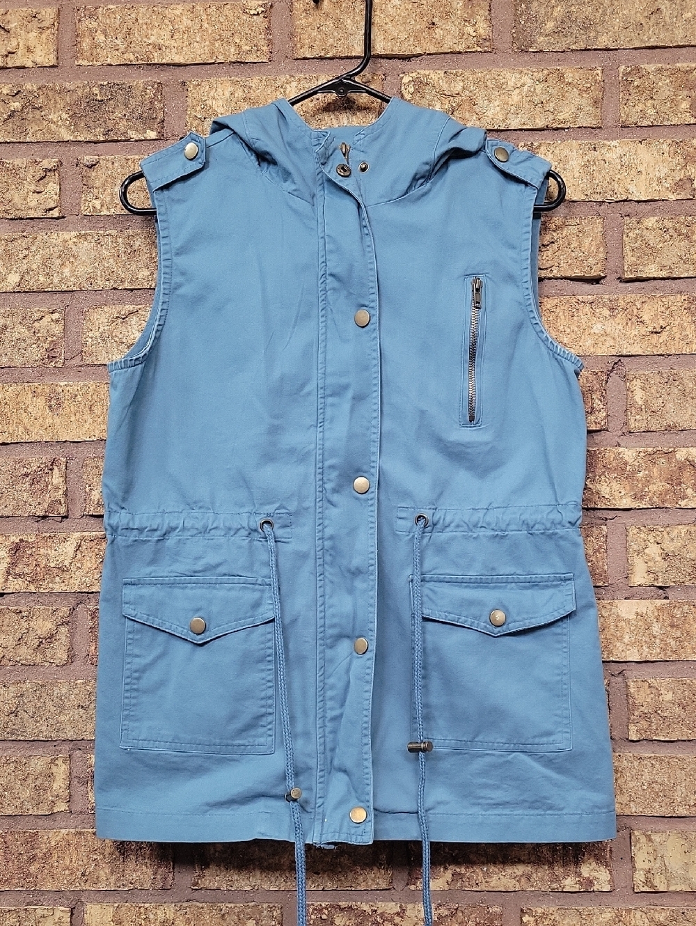 Zenana Outfitters Light Blue Hooded Utility Cotton Vest Size Small